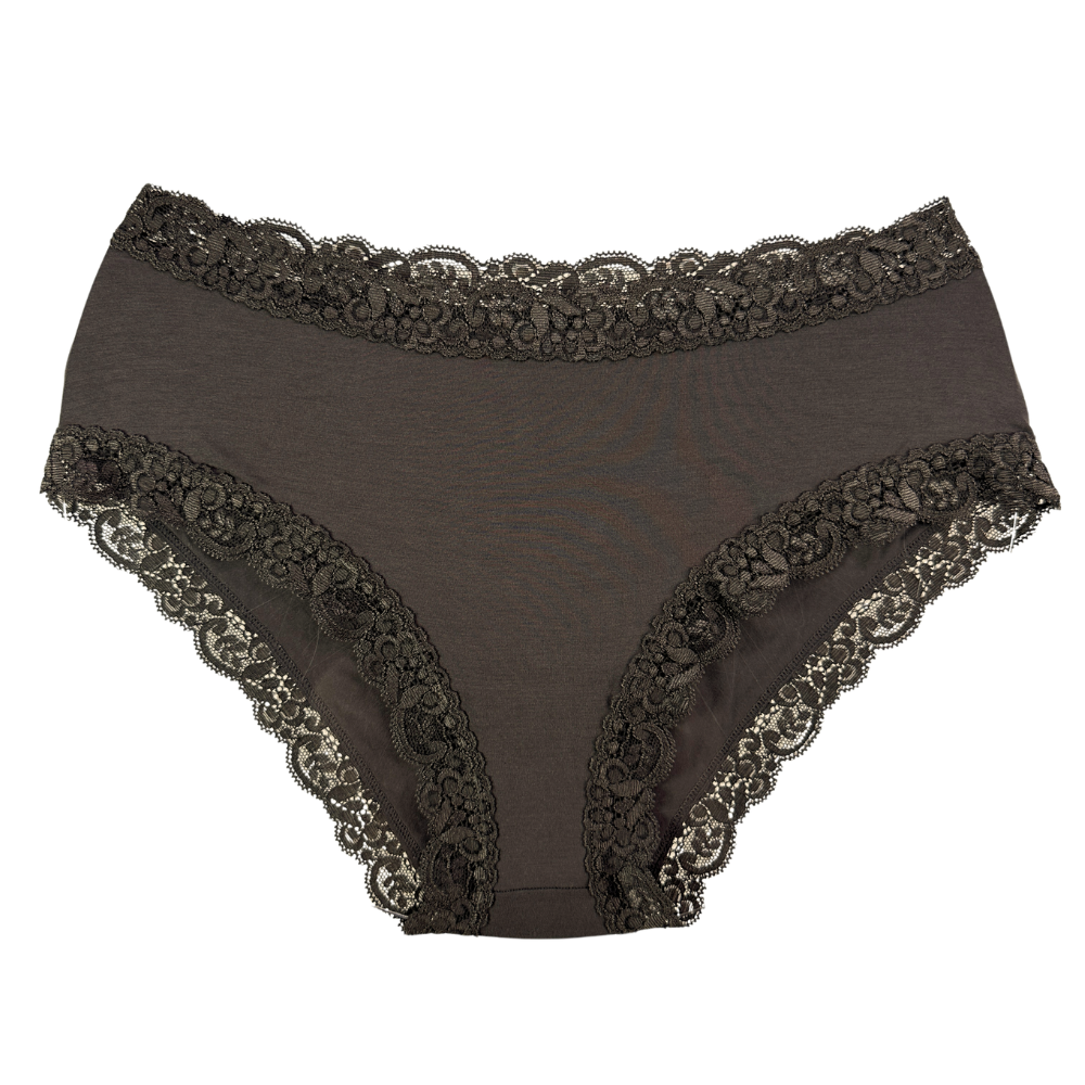 Dark brown sheer mesh panties with black lace trim along the waistband, leg openings, and front center, shown flat on a white background.
