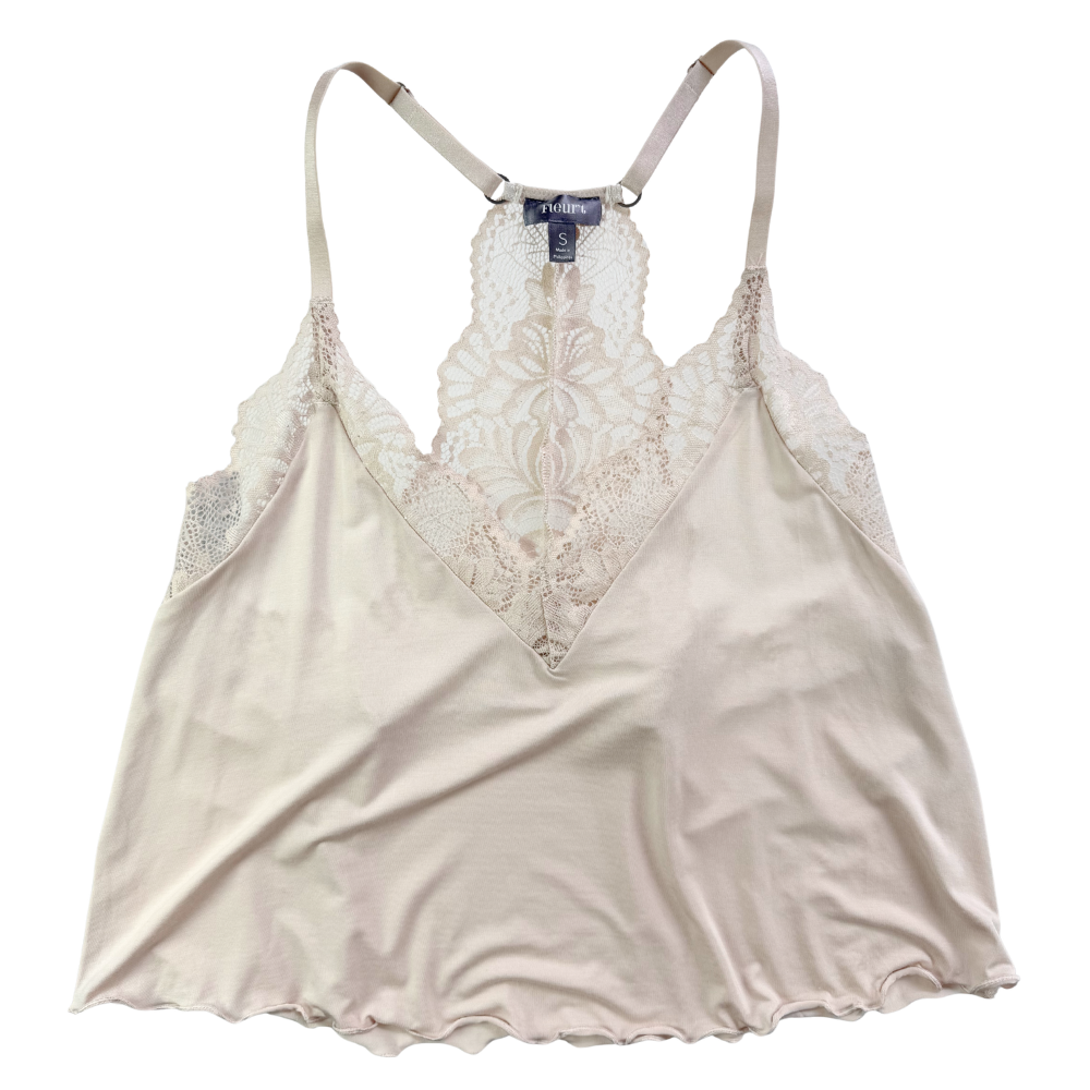 Beige lace-trimmed camisole on a white background