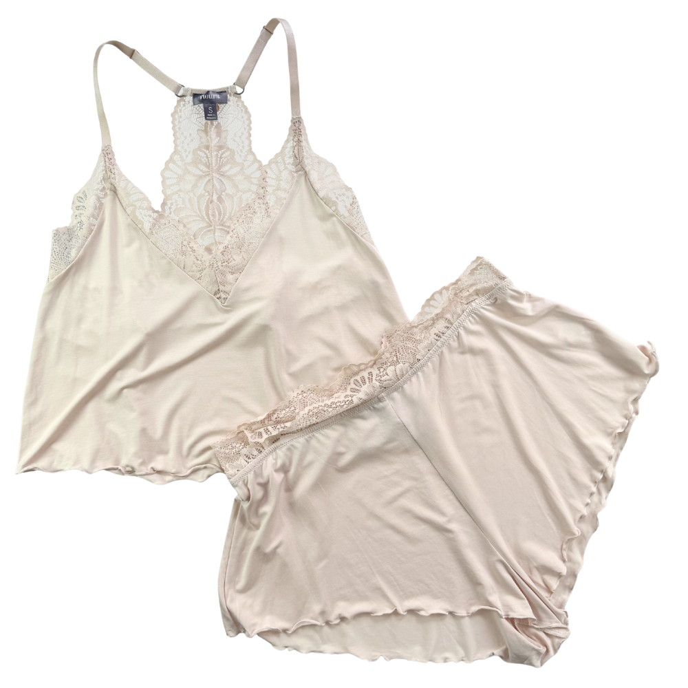 Lace-trimmed satin nightgown set on a white background