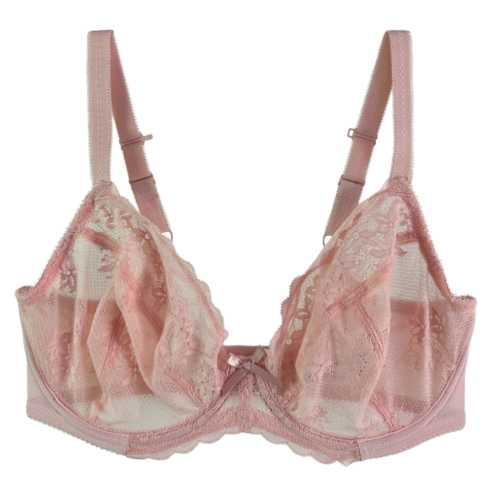 pink lace 3 party cup plunge bra with a bow in the center against a white background 