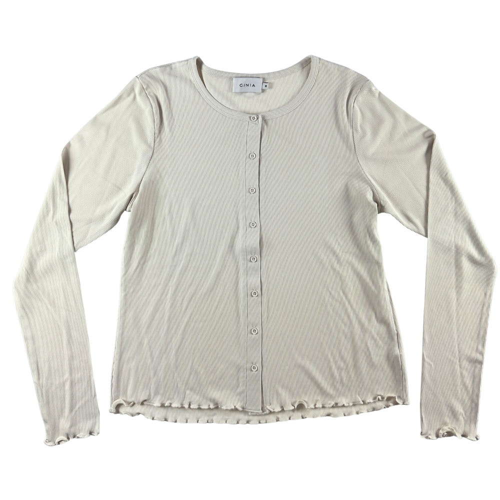 Light gray long-sleeve shirt with buttons on a white background