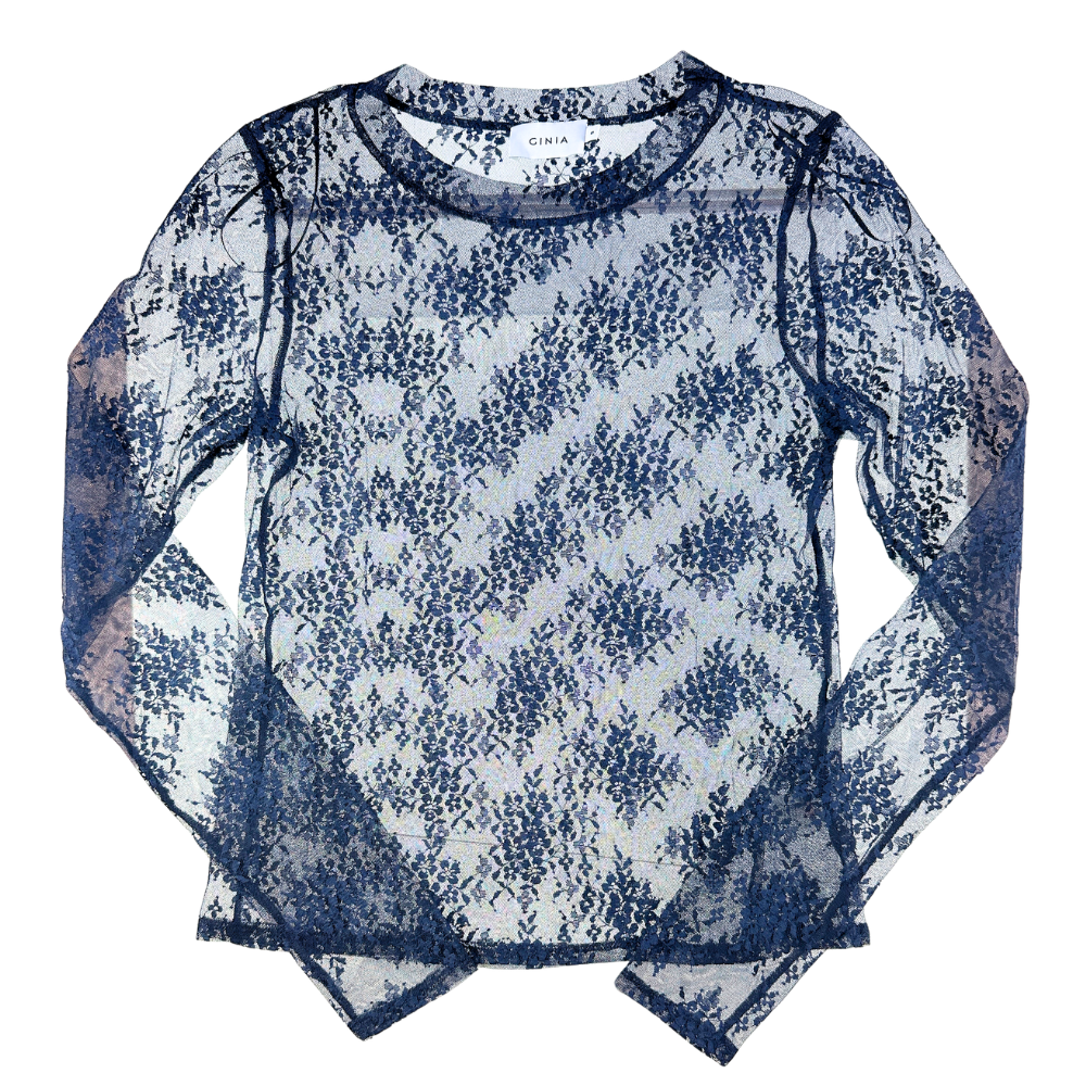 A sheer long-sleeve top with an allover blue and white floral lace pattern, laid flat against a white background.