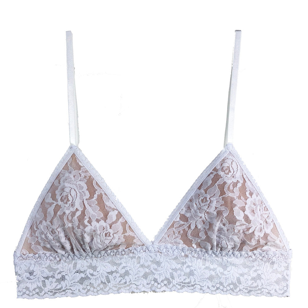 White lace bra against a white background.
