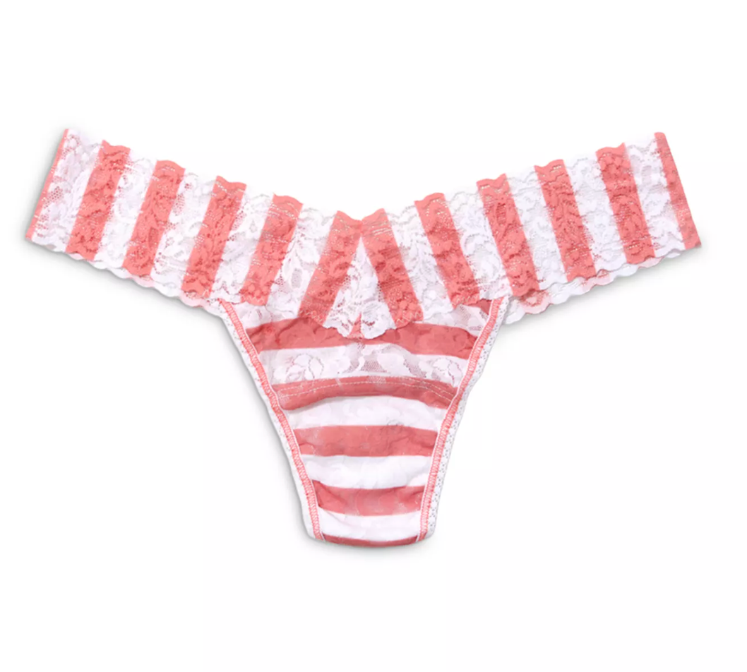 Striped pink and white thong against a white background. 