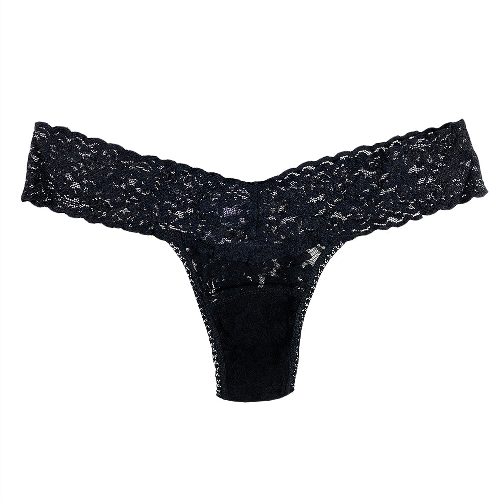 A purple Hanky Panky Signature Lace Low Rise Thong with a stretchy waistband and wide lace sides.