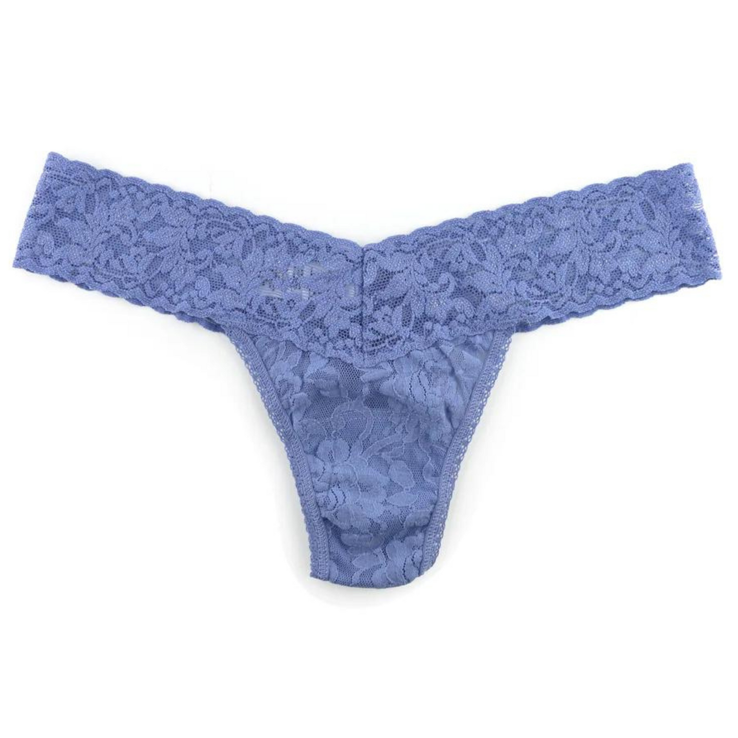 Blue lace thong against a white background.