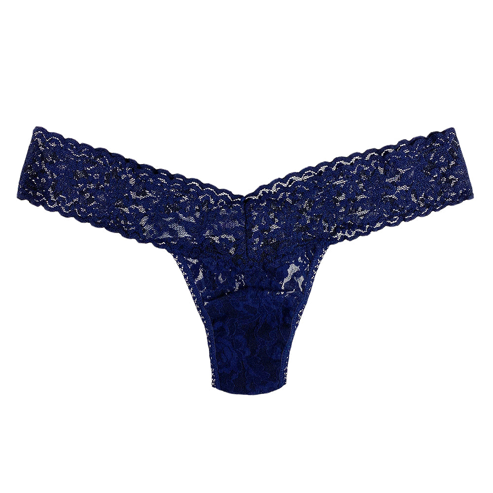 A low-rise thong underwear with a stretch-lace floral pattern.