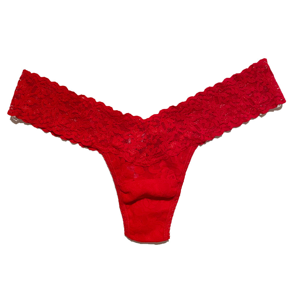 A low-rise thong underwear with a stretch-lace floral pattern.