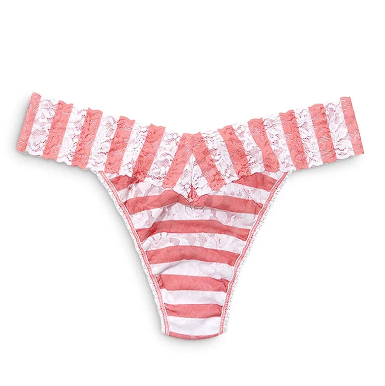 Pink and white striped bikini bottom with lace trim on a white background