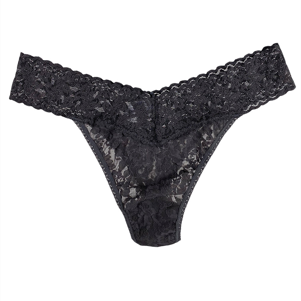 A pink Hanky Panky Signature Lace Original Rise Thong with a lace waistband and sides.