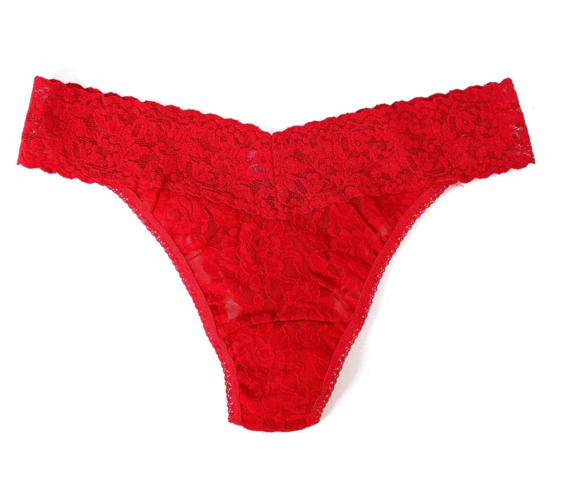 Red lace thong on a white background