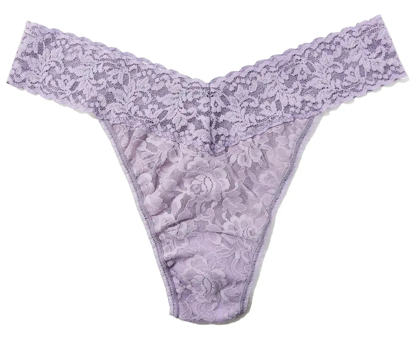 Lavender lace thong on a white background