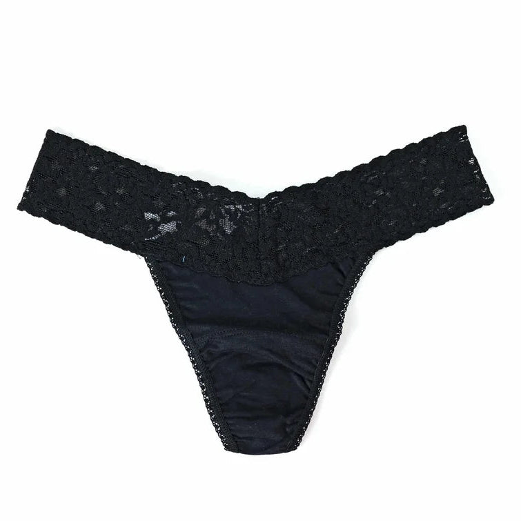 black lace thong against a white background