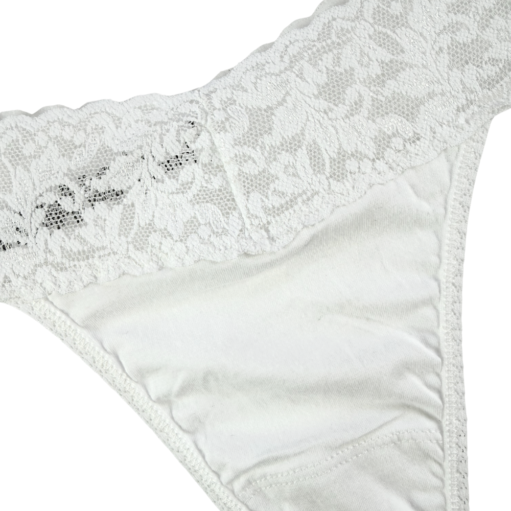 White lace-trimmed underwear on a white background