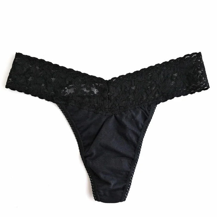 black lace thong against a white background
