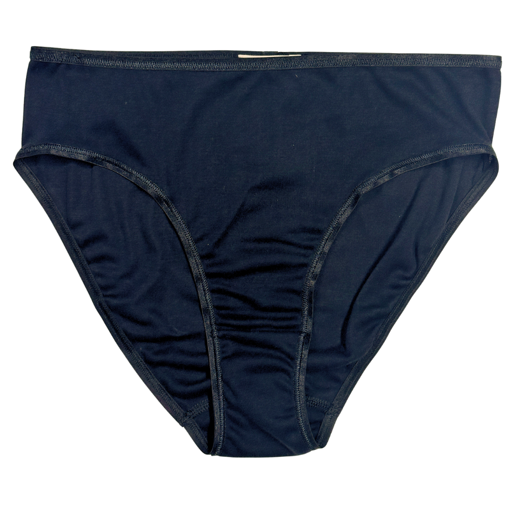 A pair of men's low-rise briefs in dark navy blue, shown flat against a solid white background.