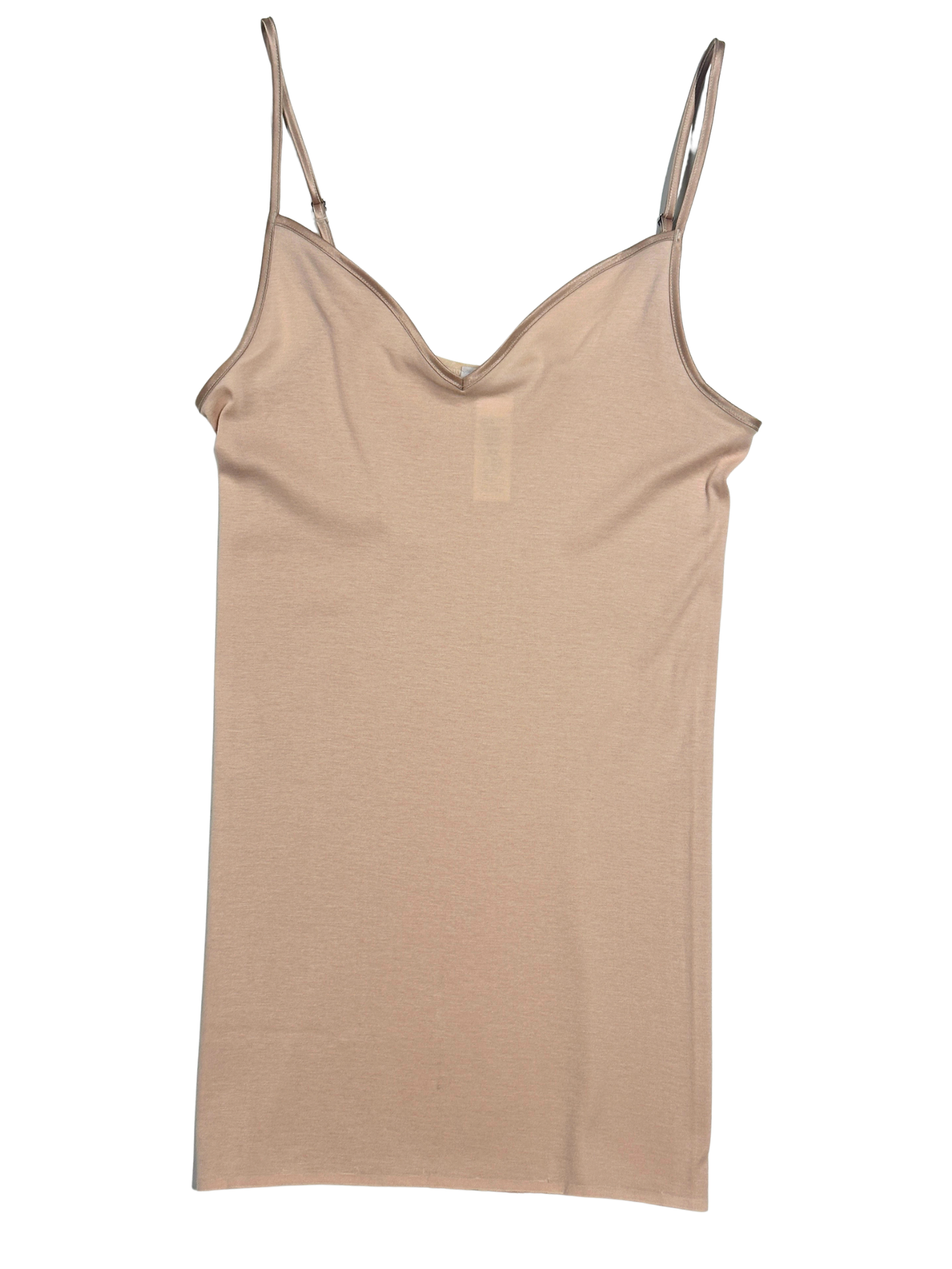 A light beige camisole tank top with thin spaghetti straps, laid flat against a solid white background.