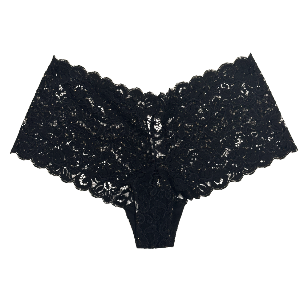 Black lace panties with wide scalloped lace sides and a solid black waistband, shown flat on a white background.