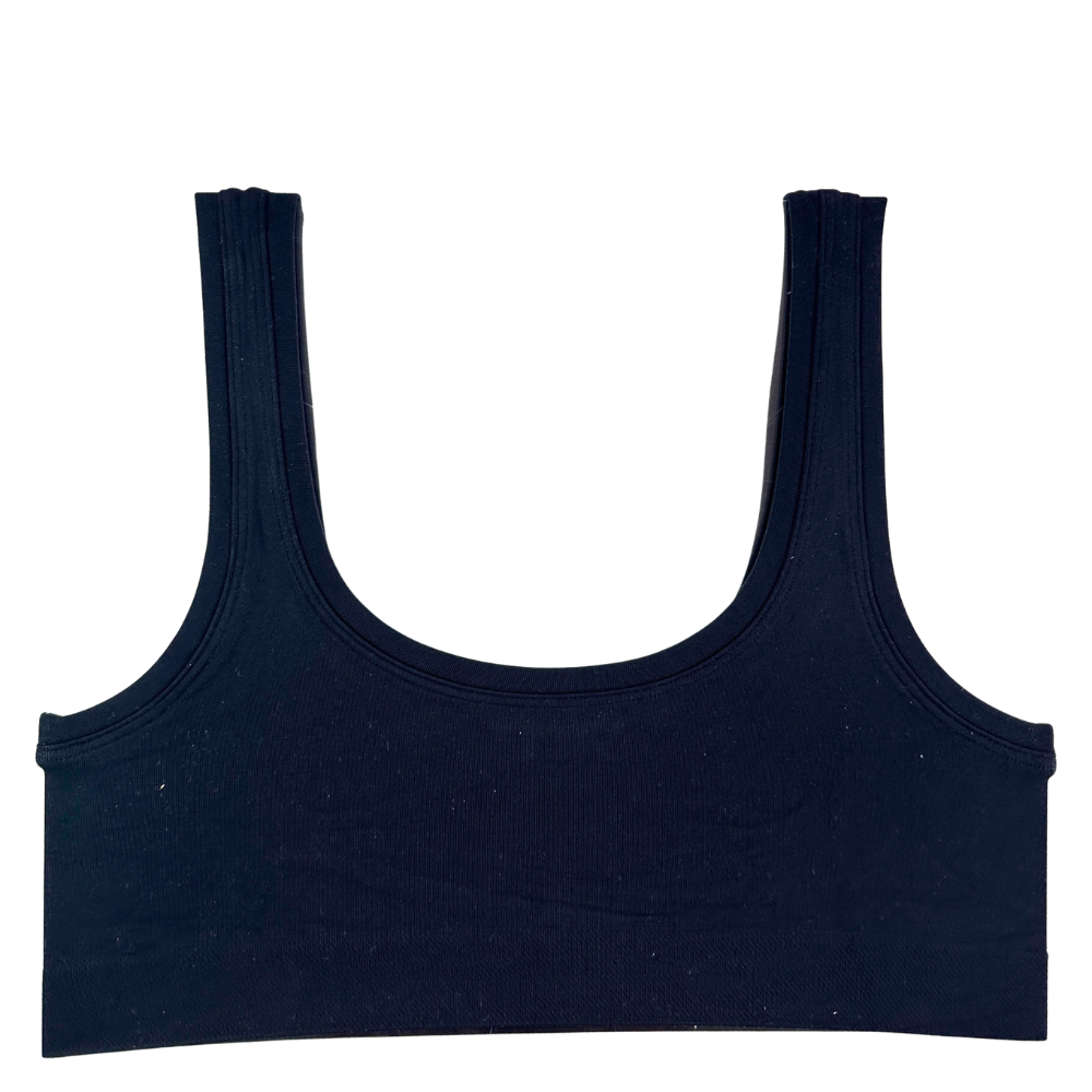 black thick strapped bralette against a white background.