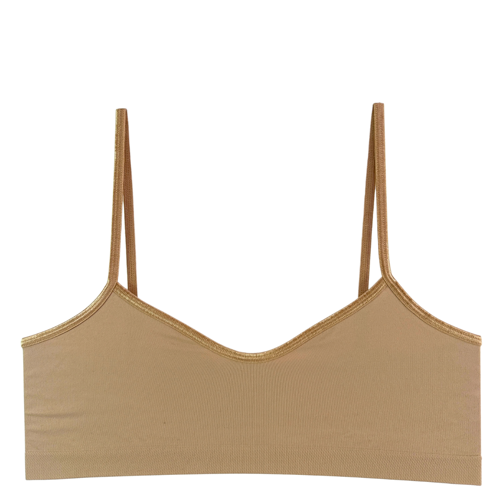 beige wireless bralette against a white background.