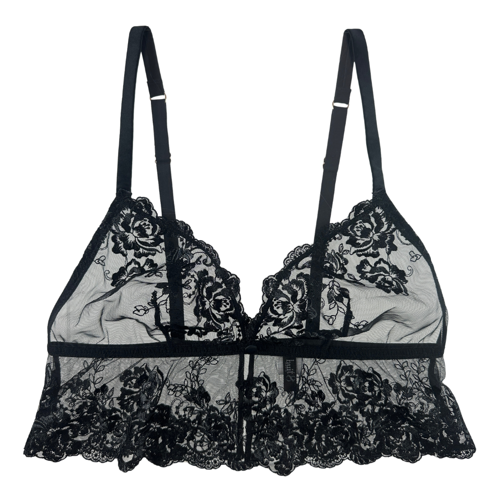 Black lace bra on a white background