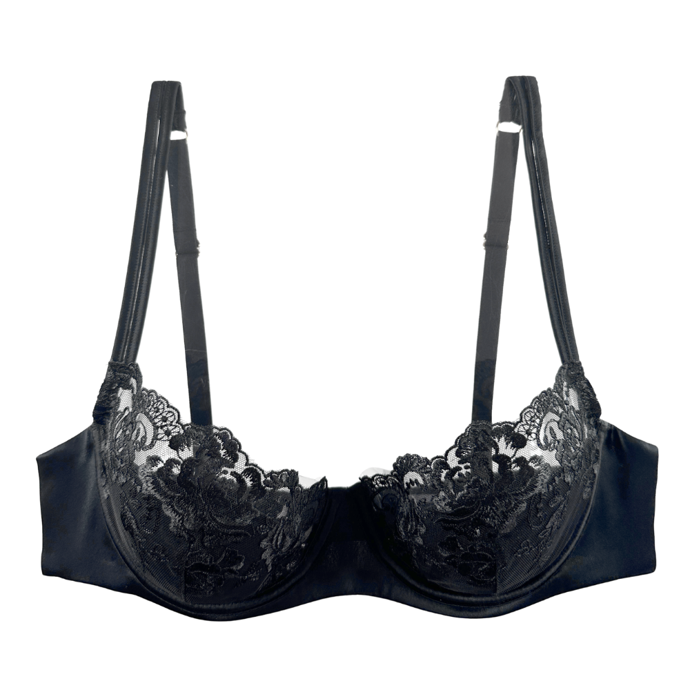 Black lace bra on a white background