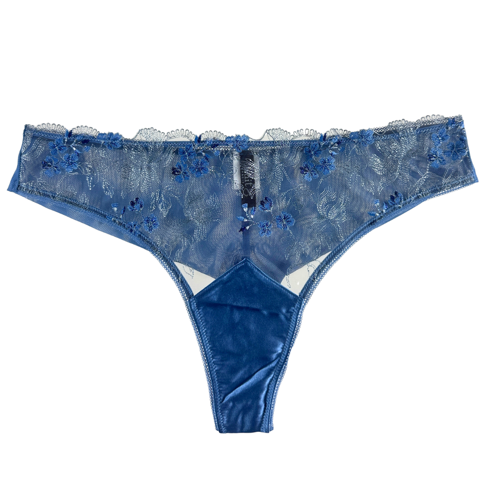 blue lace floral thong against a white background.