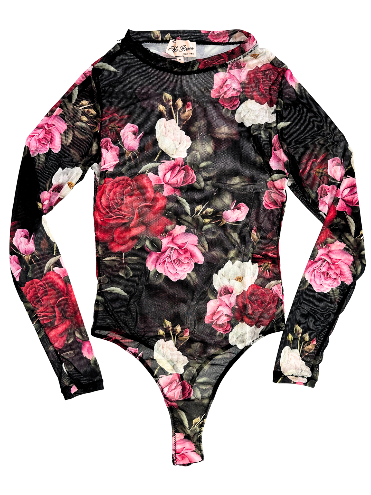 floral mesh black bodysuit with pink, red and white roses, against a white background.