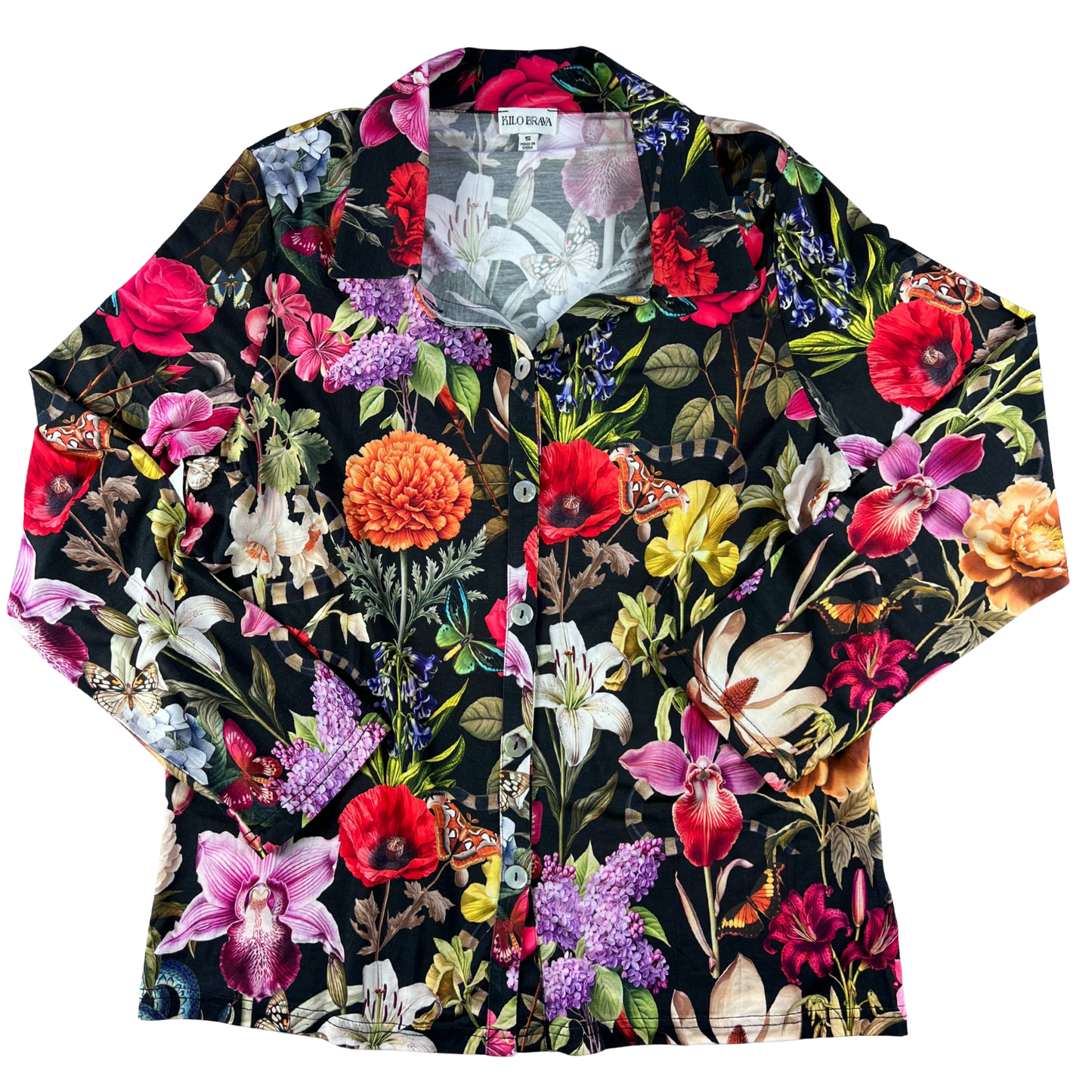 Floral patterned shirt with vibrant colors on a black background