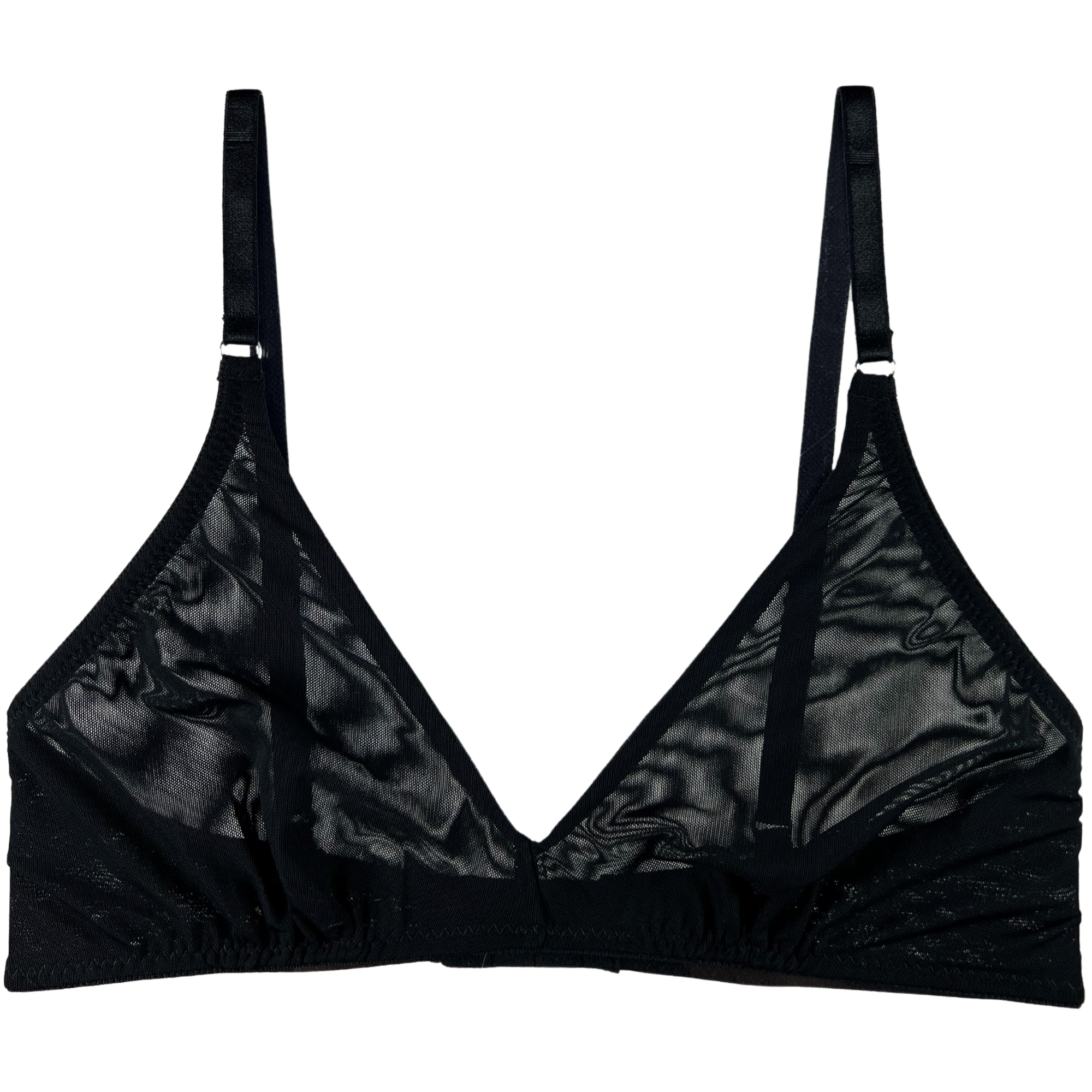 A black mesh, wireless bralette with adjustable straps and a deep V neckline.