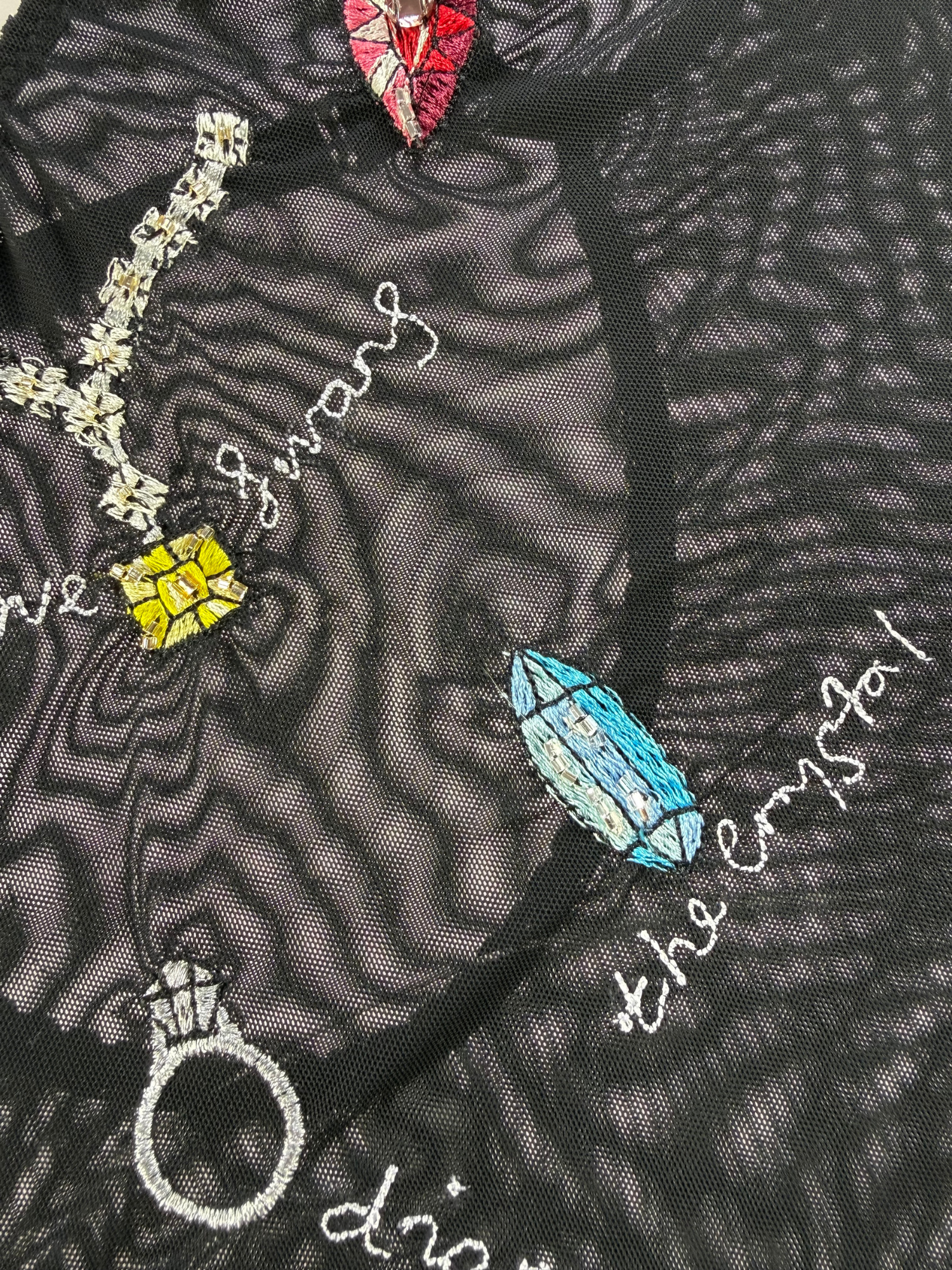 Close-up of a textured fabric with embroidered jewelry designs and text.