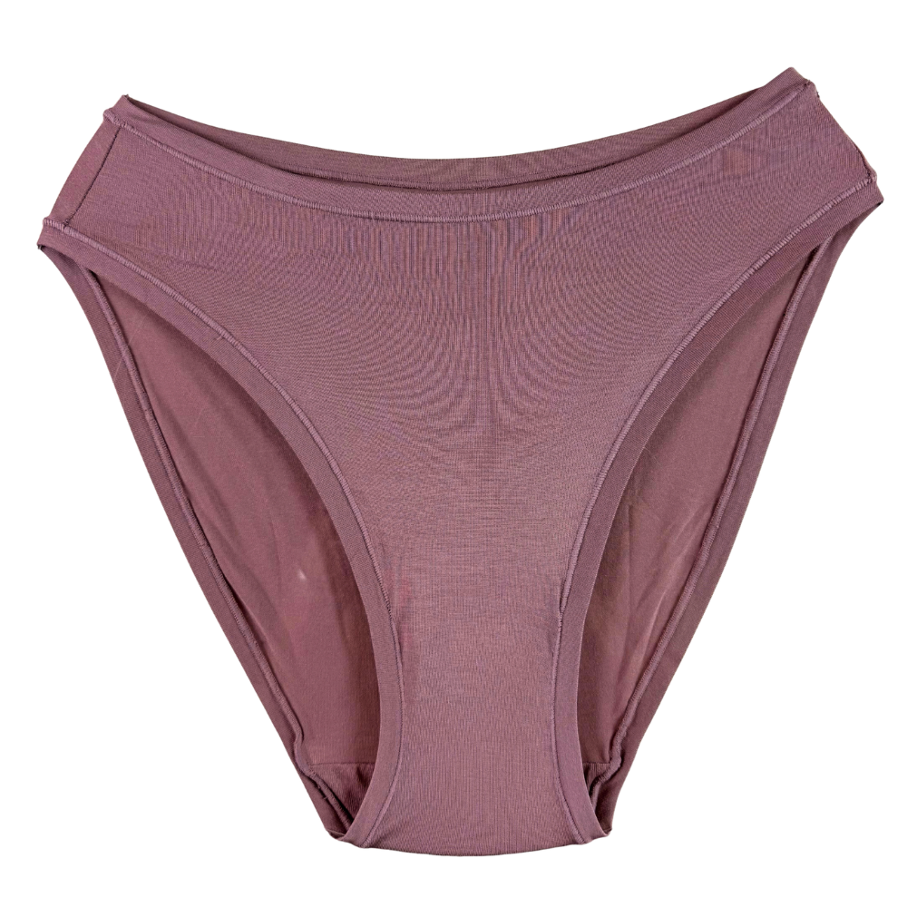 A pair of high-waisted, ribbed bikini bottoms in a dusty mauve color, shown flat against a solid white background.