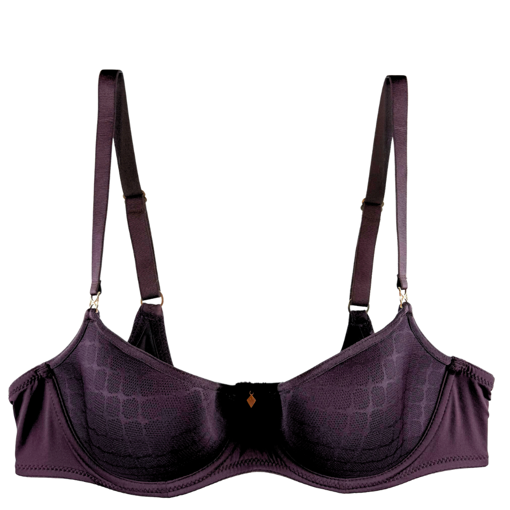 A dark plum purple underwire bra with textured patterned cups, adjustable shoulder straps, and a small gold diamond-shaped accent at the center front, shown against a plain white background.