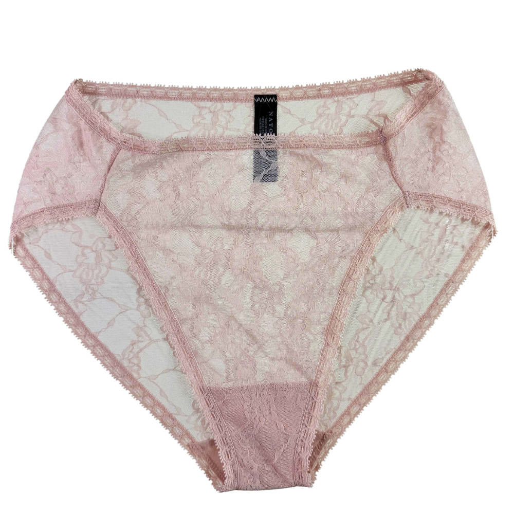 A pair of women's high-waisted lace panties in a dusty pink color, featuring a sheer floral lace pattern with a solid pink inner panel and matching lace trim, shown flat on a white background.
