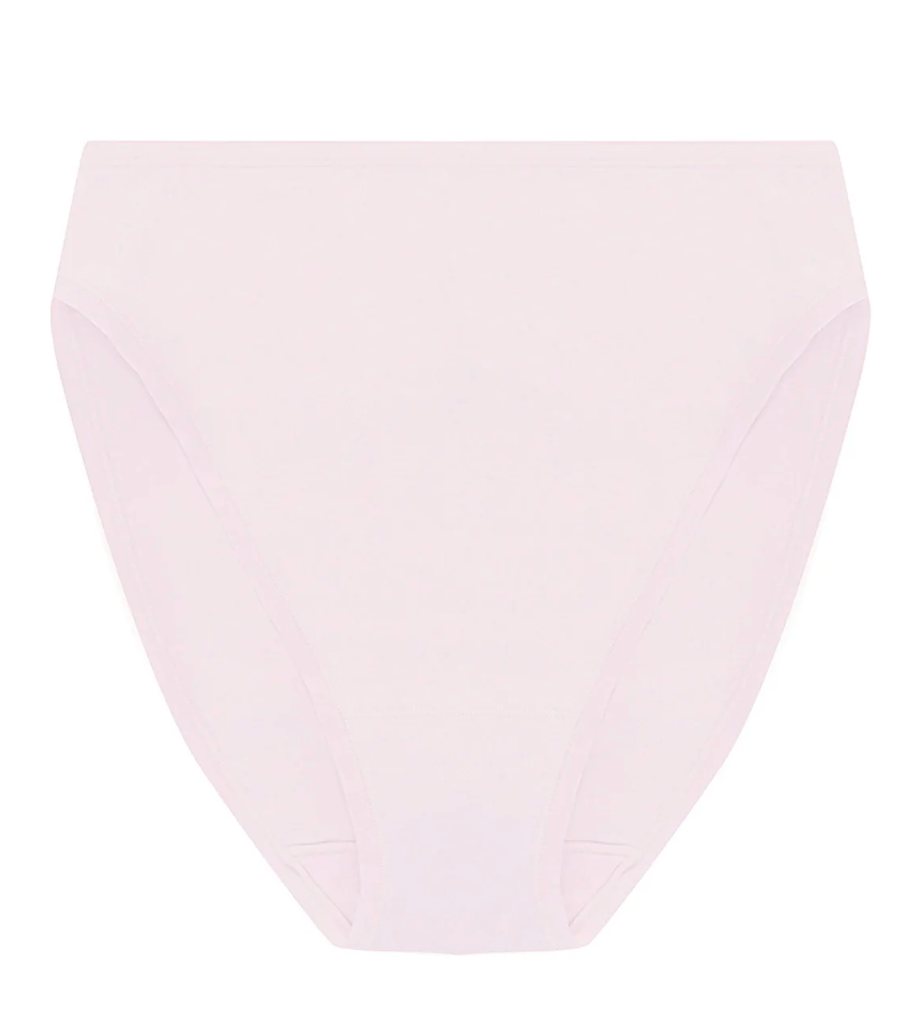 A pale pink high-waisted bikini bottom shown flat against a solid white background.