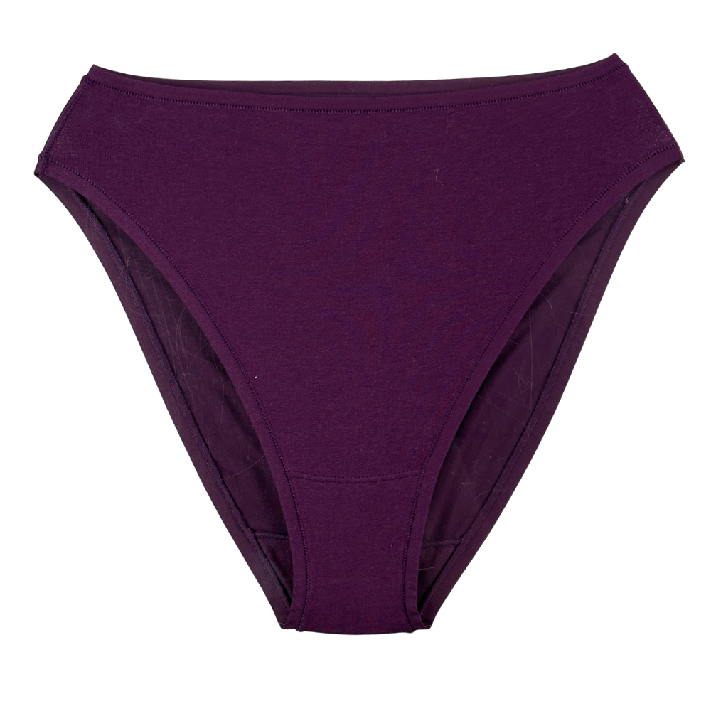 A pair of high-waisted bikini bottoms in a solid deep purple color, shown flat against a plain white background.