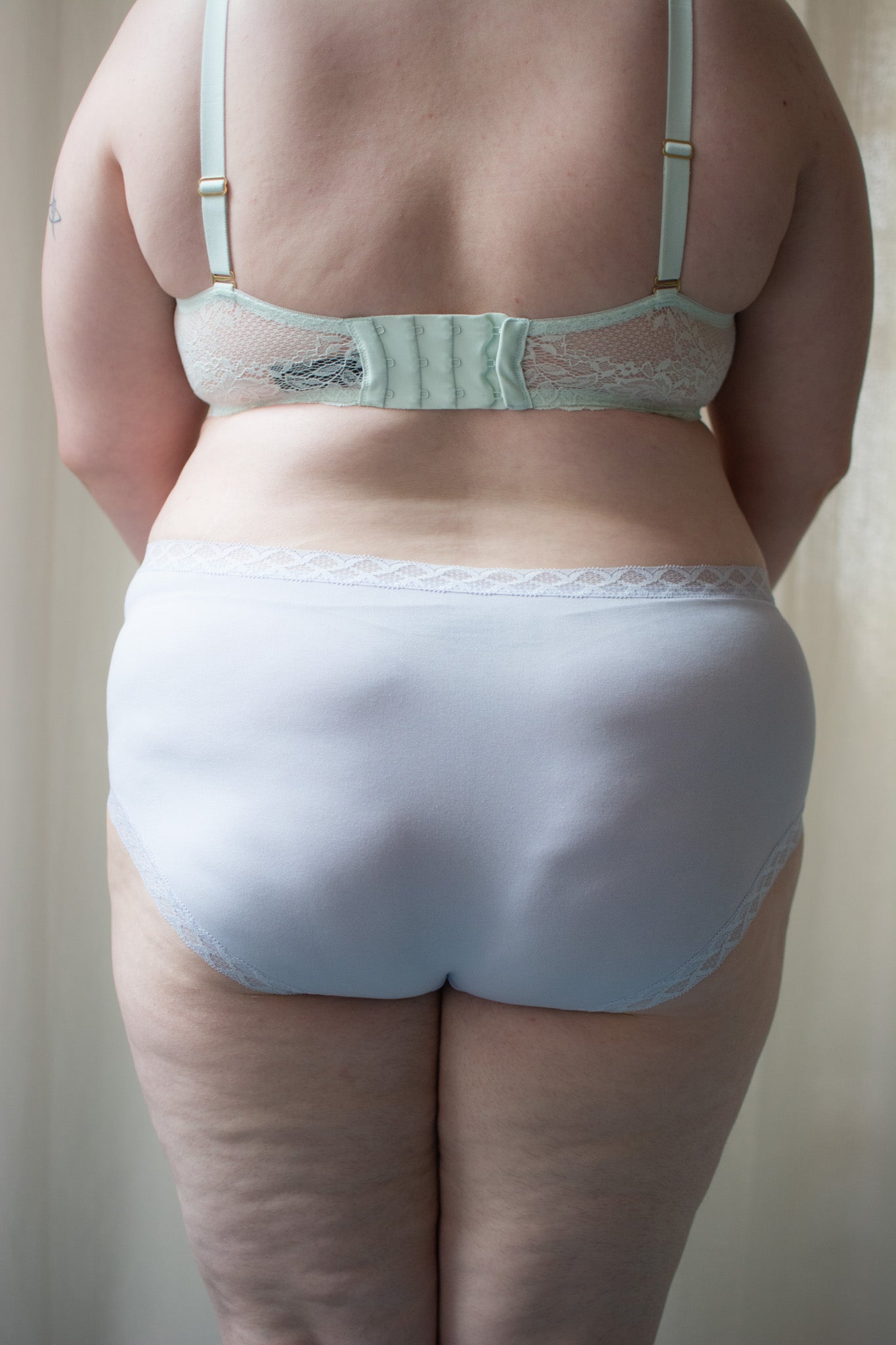 Natori Bliss full brief in purple pearl, back view on a model, close-up.