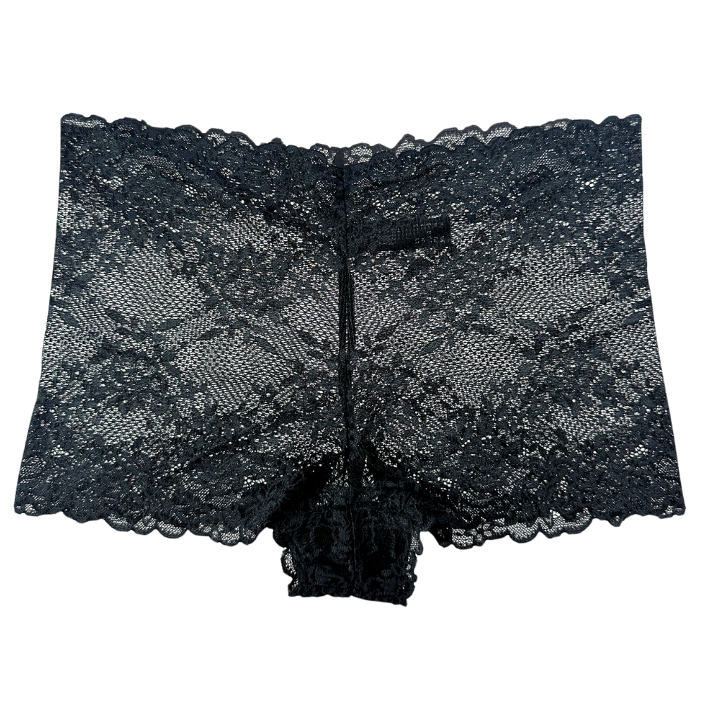 Black lace high-waisted briefs with a scalloped waistband and leg openings, shown flat against a white background.