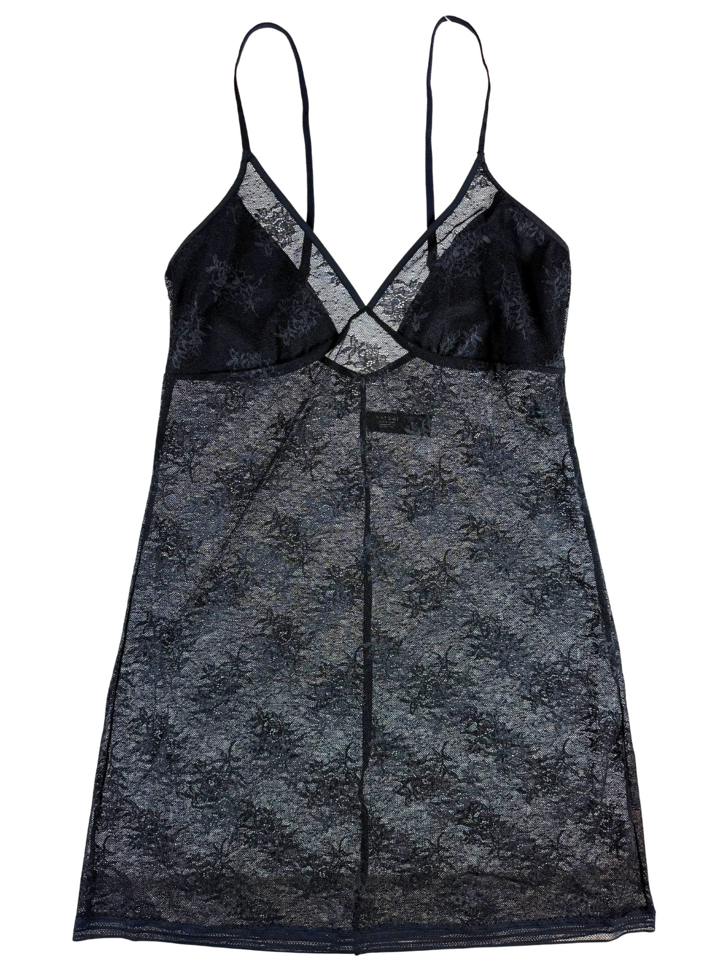 Black lace babydoll chemise with thin spaghetti straps and a V-neckline, displayed flat against a white background.