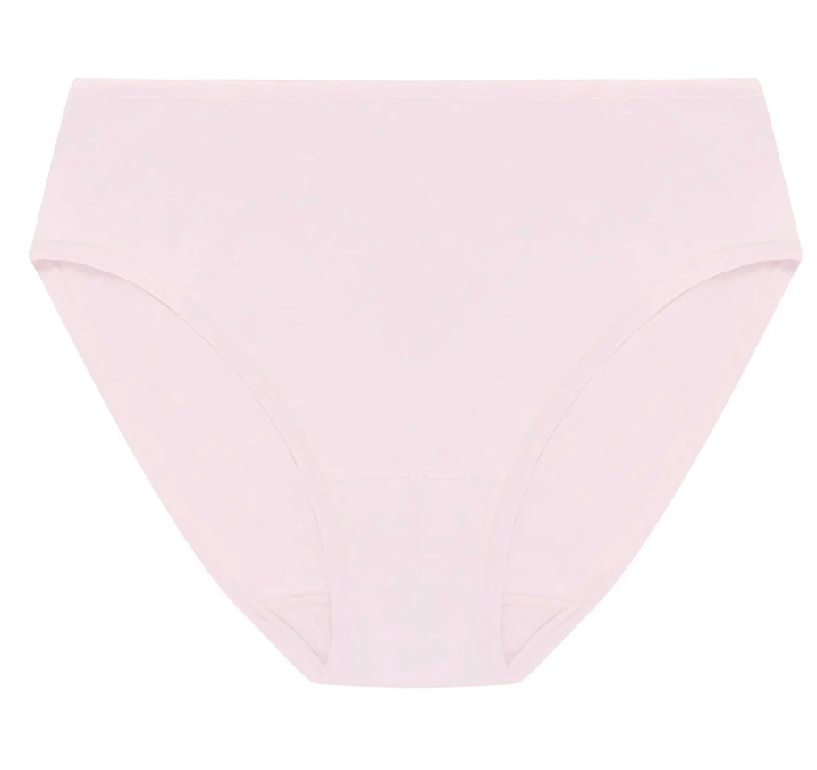 A pair of light pink women's briefs shown flat against a solid white background.