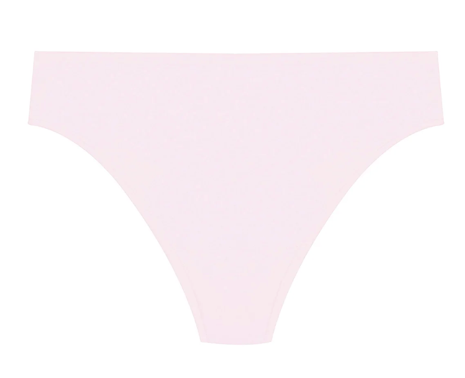 A pale pink and white gradient graphic of a bikini bottom silhouette on a solid white background.