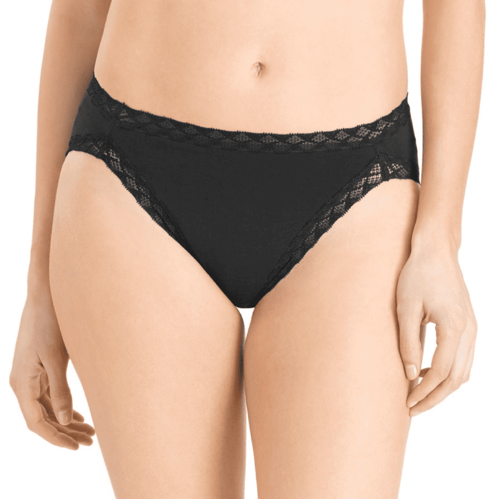 Natori bliss french cut brief in black, front view on a model, close-up.