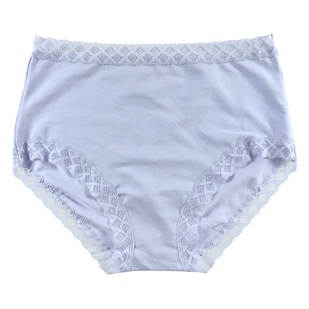 White women's underwear with lace trim on a white background