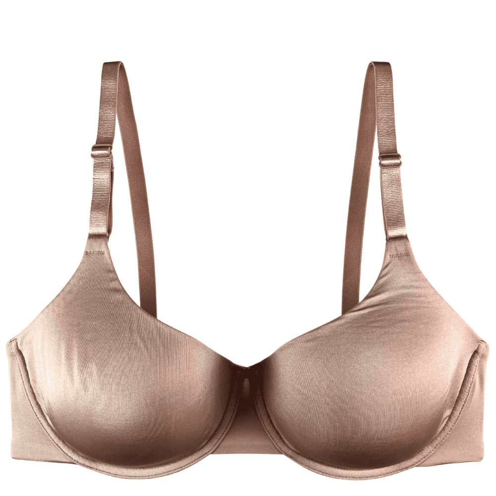 Natori Liquid full fit contour underwire bra in light mocha, close-up front view on a white background.