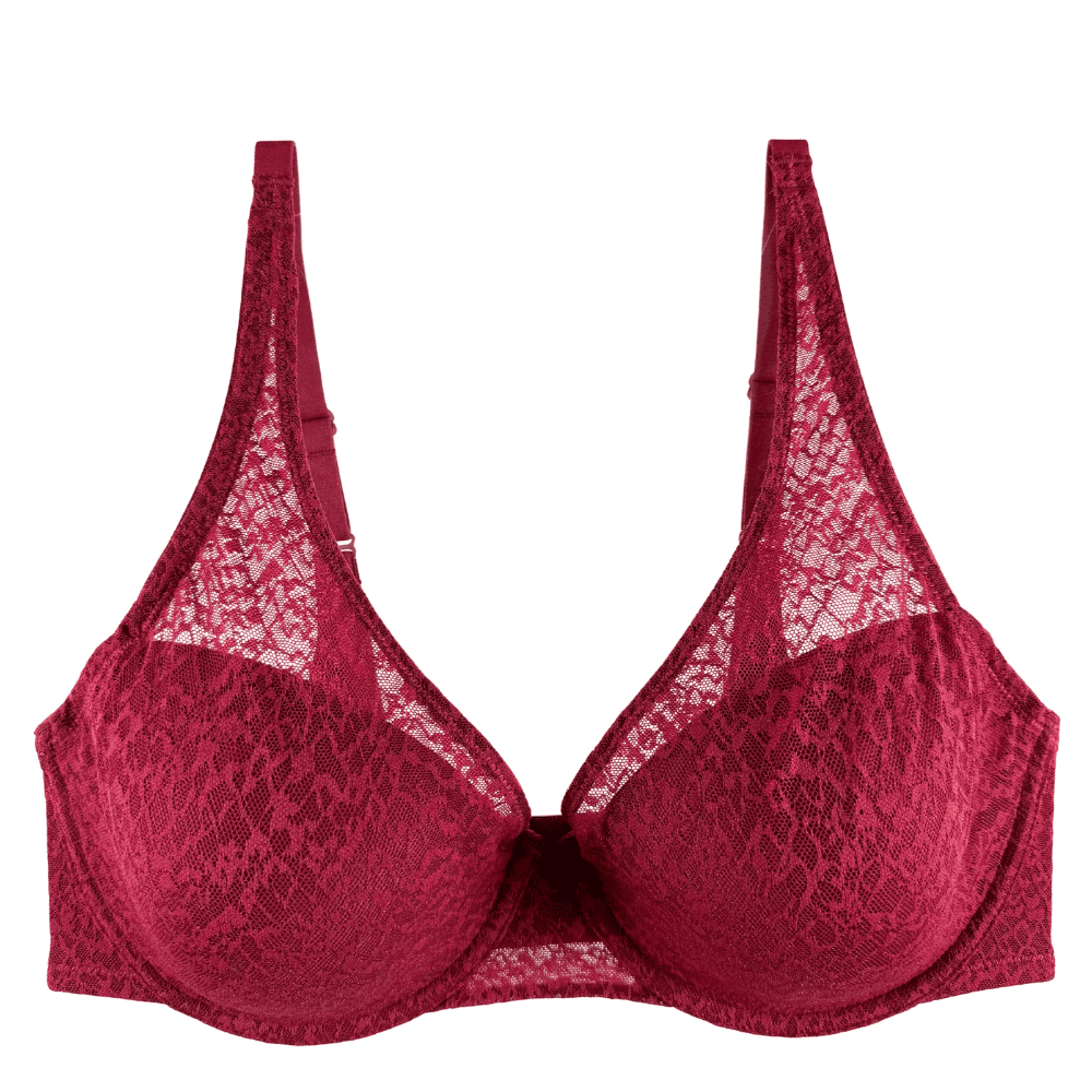 Natori pretty smooth full fit contour underwire bra in dark red, close-up front view on a white background.