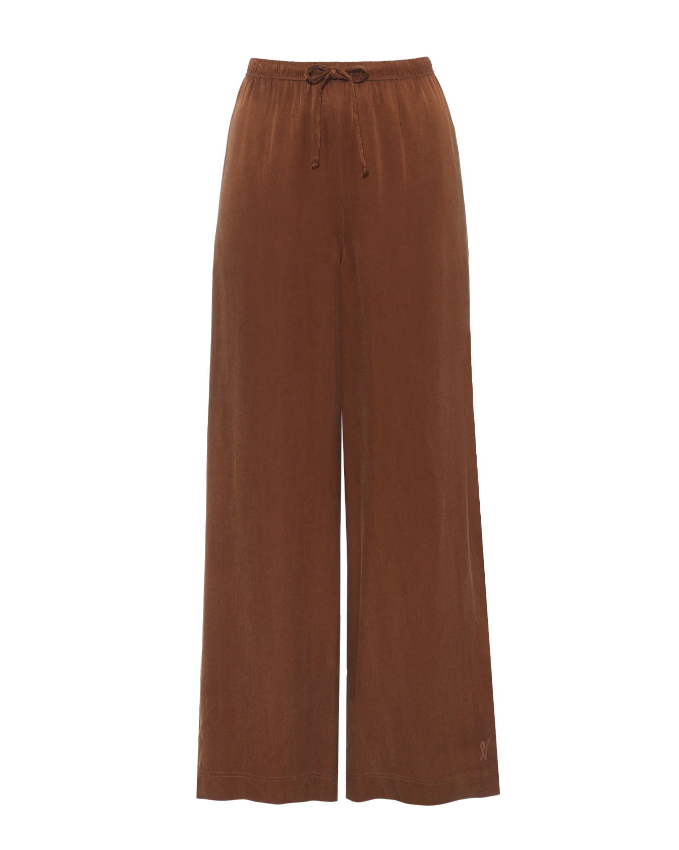 A pair of wide-leg brown pants with an elastic waistband and a drawstring, shown against a plain white background.