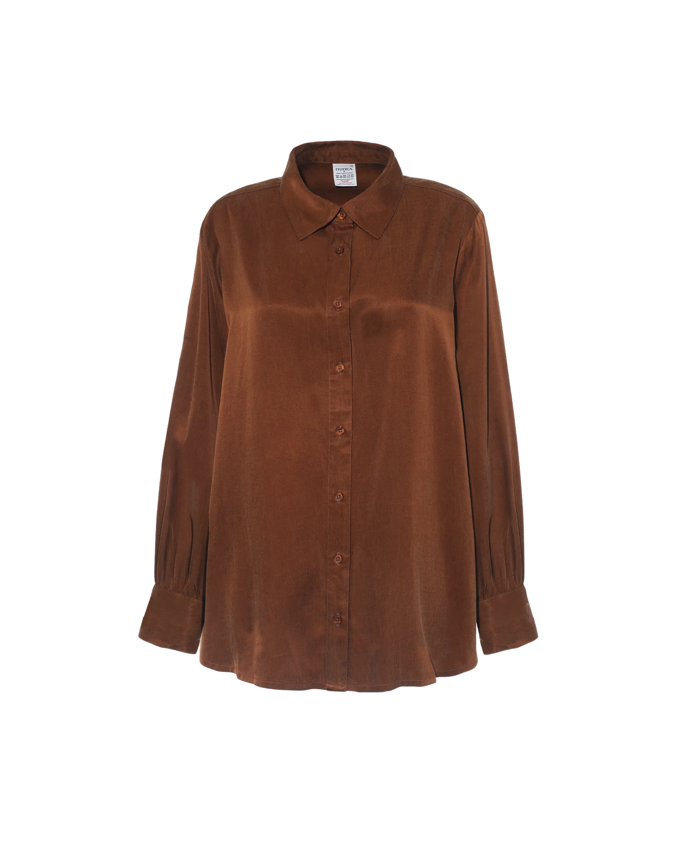A brown long-sleeve button-up shirt with a pointed collar and a slightly loose fit, shown against a plain white background.