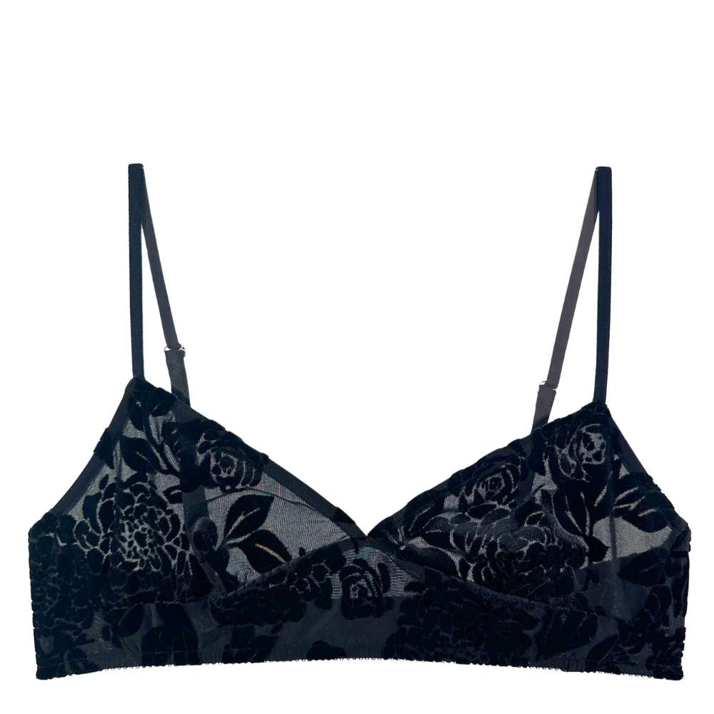 black floral bralette against a white background.