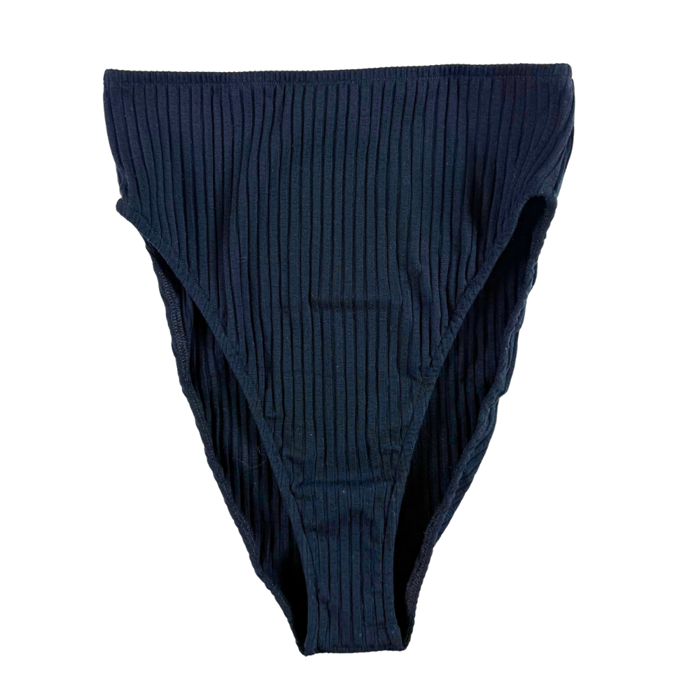 A pair of high-waisted, ribbed knit bikini bottoms in dark navy blue, shown flat against a solid white background.