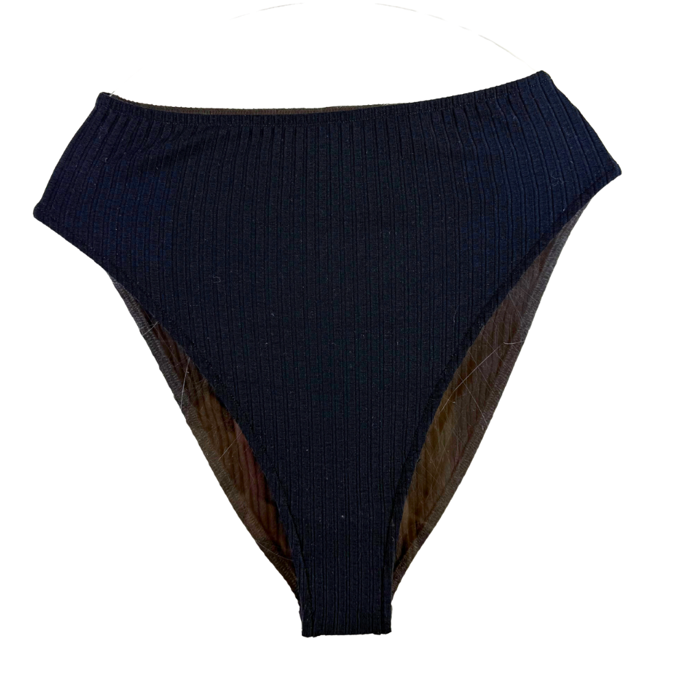A pair of dark navy blue ribbed knit bikini bottoms shown flat against a solid white background.